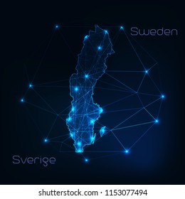 Sweden Map Outline With Stars And Lines Abstract Framework. Communication, Connection Concept.Modern Futuristic Low Polygonal, Wireframe, Lines And Dots Design. Vector Illustration.