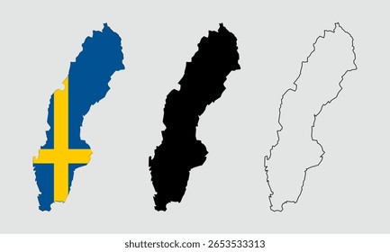 Sweden map in outline style, black color, color of country flag version.