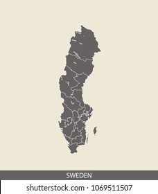 Sweden map outline vector illustration in gray background. Borders of all states or provinces or counties are included on this map.