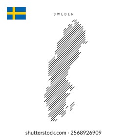 Sweden map from pattern of black slanted parallel lines. Swedish map with gray diagonal lines. Silhouette of a country made of oblique hatching. Vector illustration isolated on white.