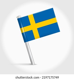 Schweden hat das Pin-Flaggensymbol zugeordnet. Schwedische Pennantenkarte auf einer Metallnadel. 3D-realistische Vektorgrafik.