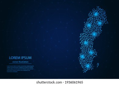 Sweden map from point blue and glowing stars on a dark background. Vector eps 10.