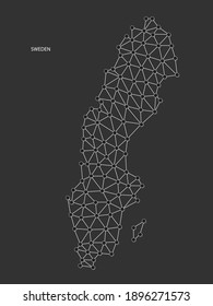 Sweden Map Point scales on black background. Wire frame polygonal network white line, dot and shadow dot.