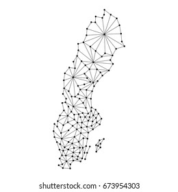 Sweden map of polygonal mosaic lines network, rays and dots vector illustration.