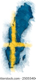 SWEDEN MAP WITH ITS PROVINCES AND POLITICAL ADMINISTRATIVE DIVISIONS WITH FLAG WATERCOLOR STYLE