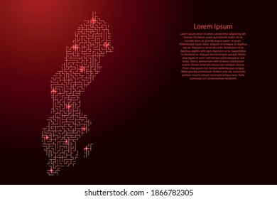 Sweden map from red pattern of the maze grid and glowing space stars grid. Vector illustration.