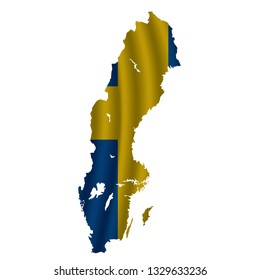 Sweden map with rippled flag on white illustration. Waving Fabric Flag Map of Sweden. Map of Europe. Vector White Background. Vector illustration eps10.