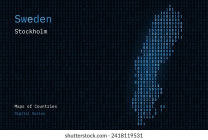 Sweden Map Shown in Binary Code Pattern. TSMC. Blue Matrix numbers, zero, one. World Countries Vector Maps. Digital Series	