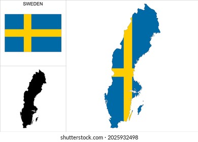 Sweden map with Swedish flag background - Map as a black pattern and flag of Sweden available separately