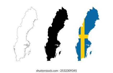 Sweden map in various style outline, icon, black color, border, flag colors. Europe country icons collection. Vector illustration