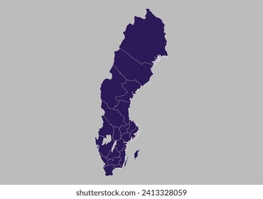 Mapa vectorial de Suecia, color azul púrpura aislado en fondo gris.