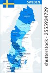 Sweden Map Vector Blue Spot - Customizable layered political map of Sweden with administrative divisions for website, education, reports, news, politics, print, poster and wallpaper