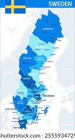 Sweden Map Vector Blue Spot - Customizable layered political map of Sweden with administrative divisions for website, education, reports, news, politics, print, poster and wallpaper