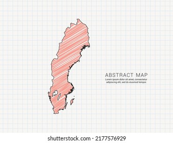 Schwedenkarte der Vektorfarbe Silhouette chaotische handgezeichnete Schreib-Skizze auf Gitterpapier.