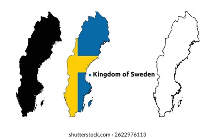 Suécia Mapa Vetor - Contorno do País, Bandeira Dentro Mapa, Branco e Versão Silhueta