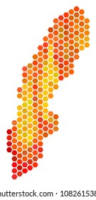 Sweden map. Vector hexagon territorial map in bright orange color hues. Abstract Sweden map collage is designed with fire hex-tile pixels.
