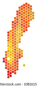 Sweden map. Vector honeycomb geographic scheme using bright orange color tones. Impressive Sweden map composition is designed with hot hexagonal dots.