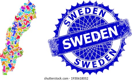 Sweden map vector image. Blot pattern and grunge stamp seal for Sweden map. Sharp rosette blue seal with text for Sweden map. Collage vector Sweden map composed with scattered colored splashes.