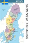 Sweden Map Vector New 2024 Colorful - Customizable layered political map of Sweden with administrative divisions for website, education, reports, news, politics, print, poster and wallpaper