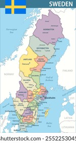 Sweden Map Vector New 2024 Colorful - Customizable layered political map of Sweden with administrative divisions for website, education, reports, news, politics, print, poster and wallpaper