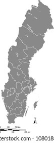 Sweden map vector outline with scales of miles and kilometers and borders of provinces in gray background. Swedish map with mileage and kilometer scales 