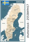 Sweden Map Vector Vintage Dark Blue Beige - Customizable layered political map of Sweden with administrative divisions for website, education, reports, news, politics, print, poster and wallpaper