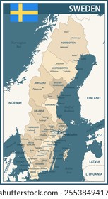 Sweden Map Vector Vintage Dark Blue Beige - Customizable layered political map of Sweden with administrative divisions for website, education, reports, news, politics, print, poster and wallpaper