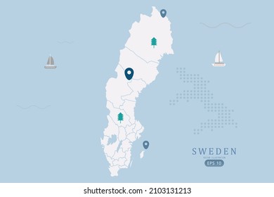 Sweden Map - World Map International vector template High detailed with white color isolated on blue background including simple point of location, tree, boat icon - Vector illustration eps 10