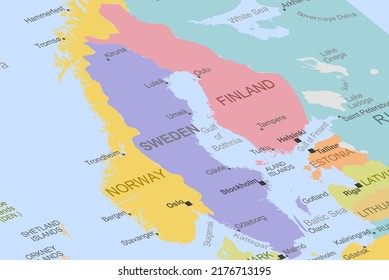 Sweden in the middle of europe map, close up Sweden, travel idea, pinned destination, top view, vacation and road trip concept, colorful map with location icon