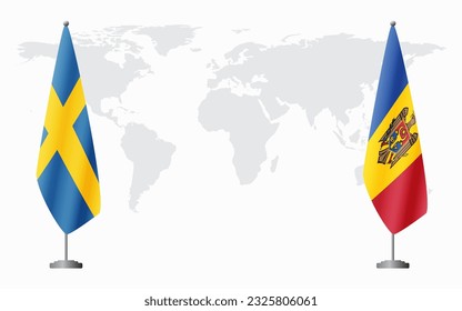 Sweden and Moldova flags for official meeting against background of world map.