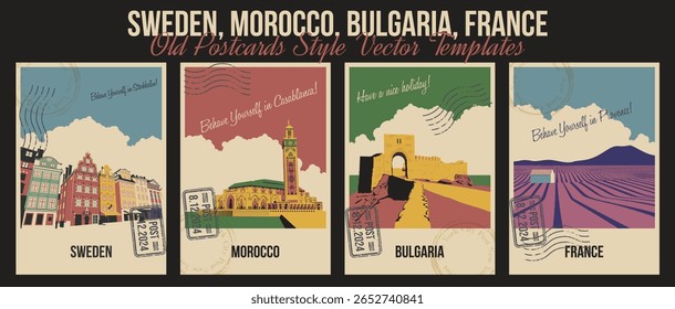 Suécia, Marrocos, Bulgária, França Principais Atrações Postal Set. Cidade Velha de Estocolmo, Fortaleza de Kaliakra, Campos da Provença de Lavanda, Ilustrações da Mesquita de Casablanca. Cartões de Mensagens de Estilo Retrô