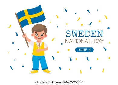 Sweden National Day. Banner with cute little boy with Swedish flag in hand. Holiday illustration. Vector