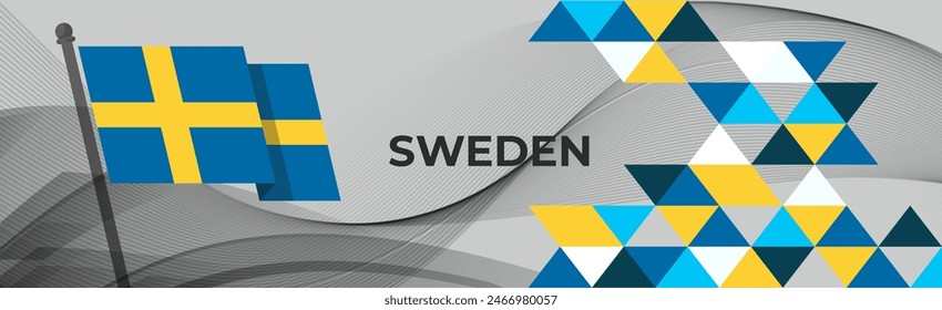 Sweden national day banner design. Swedish flag theme graphic triangle art web background. Abstract celebration pattern, blue yellow color. Sweden flag geometric triangles vector Scandinavia.