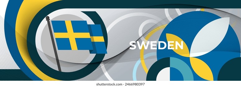 Sweden national day banner design. Swedish flag theme circles rings web art background. Abstract celebration pattern, blue yellow color. Sweden flag geometric spiral waves vector Scandinavia.