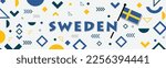 Sweden national day banner with geometric retro icons and Swedish flag map color scheme. Landmarks like Riddarholmen church, city hall Stockholm in background. 6 June celebration. Blue Yellow. Vector
