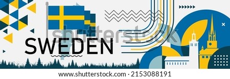 Sweden national day banner with geometric retro icons and Swedish flag map color scheme. Landmarks like Riddarholmen church, city hall Stockholm in background. 6 June celebration. Blue Yellow. Vector