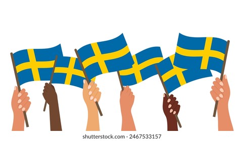 Sweden National Day. Banner with Swedish flags in  hands. Holiday illustration. Vector