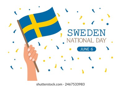 Sweden National Day. Banner with Swedish flag in hand. Holiday illustration. Vector