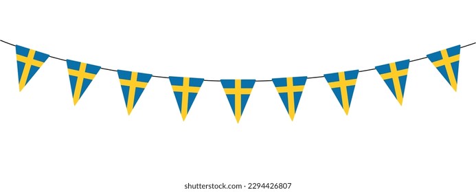 Schweden Nationalfeiertag, Gärtnerland mit schwedischen Jungtieren, blau-gelb, Reihe dreieckiger Flaggen, Vektordekorative Elemente