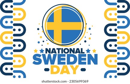 Schweden Nationalfeiertag. Jährlich feiert man am 6. Juni in Schweden. Fröhlicher nationaler Feiertag der Freiheit. Schwedische Flagge. Nordskandinavisches Land. Patriotisches Plakatdesign. Vektorgrafik