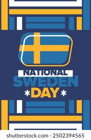 Sweden National Day. Celebrated annually on June 6 in Sweden. Happy national holiday of freedom. Swedish flag. Northern Scandinavian country. Patriotic poster design. Vector illustration