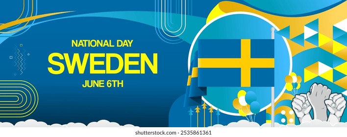 Anuncio festivo del día nacional de Suecia. Plantillas modernas vibrantes para la celebración de vacaciones, tarjeta de felicitación, valla publicitaria y fondos de eventos deportivos. 6 de junio. Feliz día nacional de Suecia