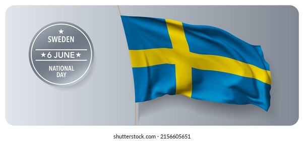 Sweden national day vector banner, greeting card. Swedish wavy flag in 6th of June national patriotic holiday horizontal design