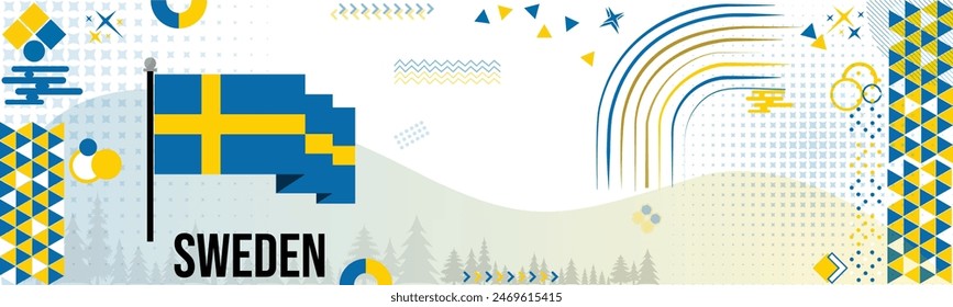 Sweden national day vector banner with geometric retro icons and Swedish flag color scheme in background. 6 June celebration in Blue Yellow colors