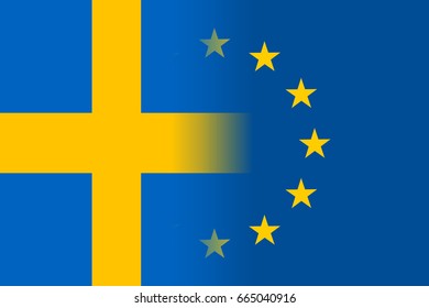 Sweden national flag with a flag of European Union twelve gold stars, symbol of unity with EU, member since 1 January 1995. Vector flat style illustration