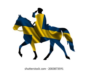 Sweden national flag pinned on stallion horse and officer silhouette