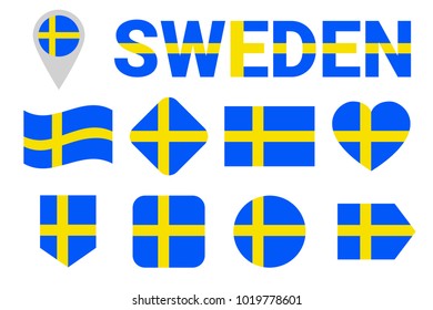 Sweden national flags vector set. Collection of Swedish flags. Flat isolated icons. Illustration with text Sweden in traditional colors. Web, sports pages, travel, school, geographic design elements