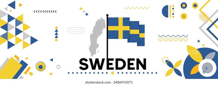 Schweden National- oder Unabhängigkeitstag-Banner für Länderfeiern. Flag und Karte Schwedisch mit modernem Retro-Design mit abstrakten, geometrischen Symbolen. Vektorgrafik.