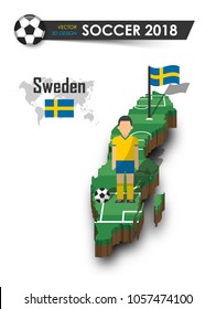 Sweden national soccer team . Football player and flag on 3d design country map . isolated background . Vector for international world championship tournament 2018 concept .