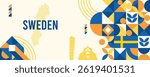 Sweden national vector banner featuring the flag, dotted map, landmarks, and geometric pattern design